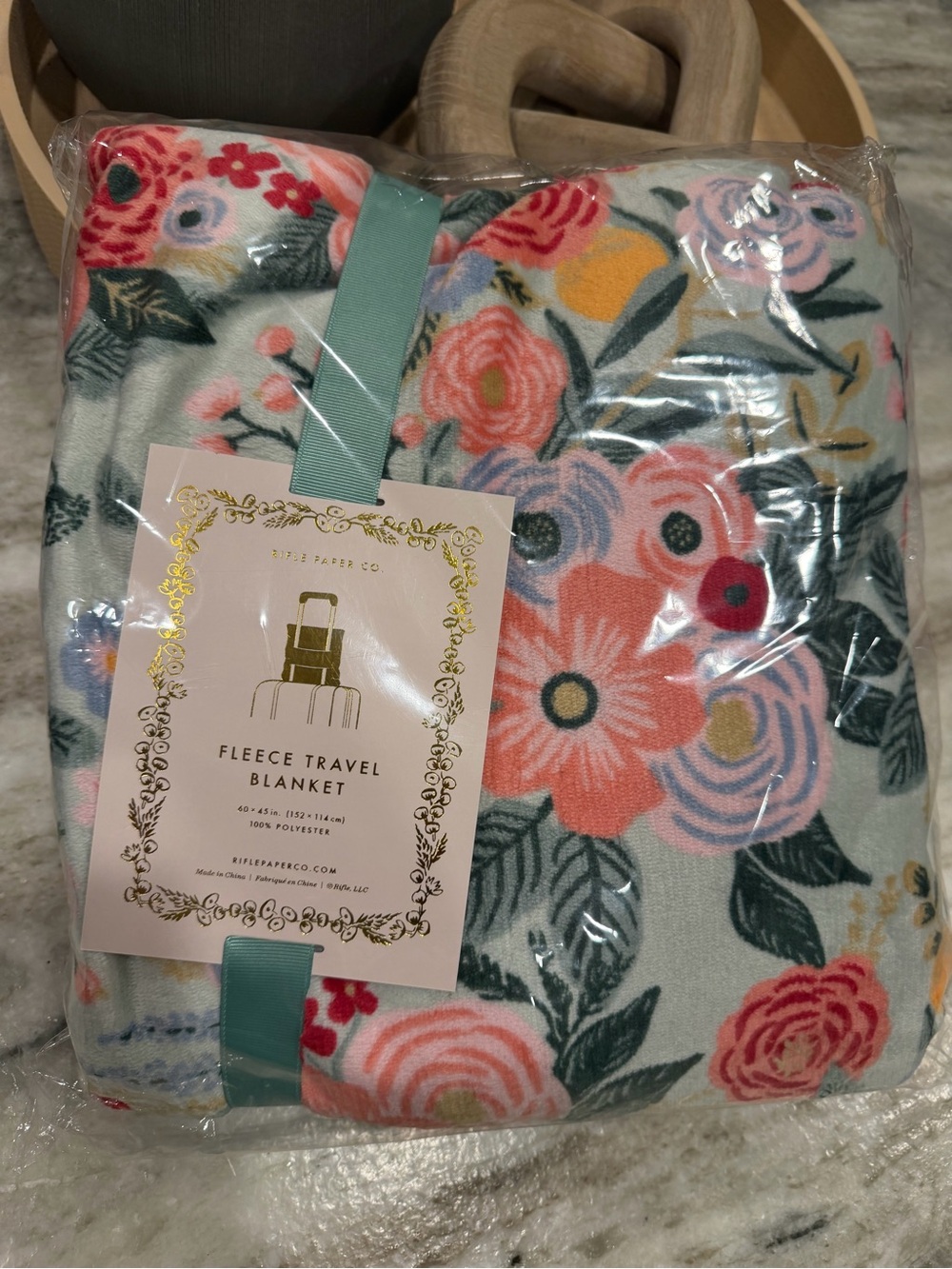 Rifle Paper Co Travel Fleece Blanket - Floral Pink & Green “Garden Party” 45x60”